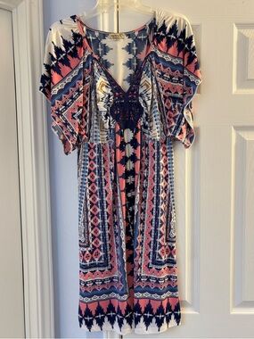 ONE WORLD Coral, Navy & White Aztec-Print Knee-Length Dress